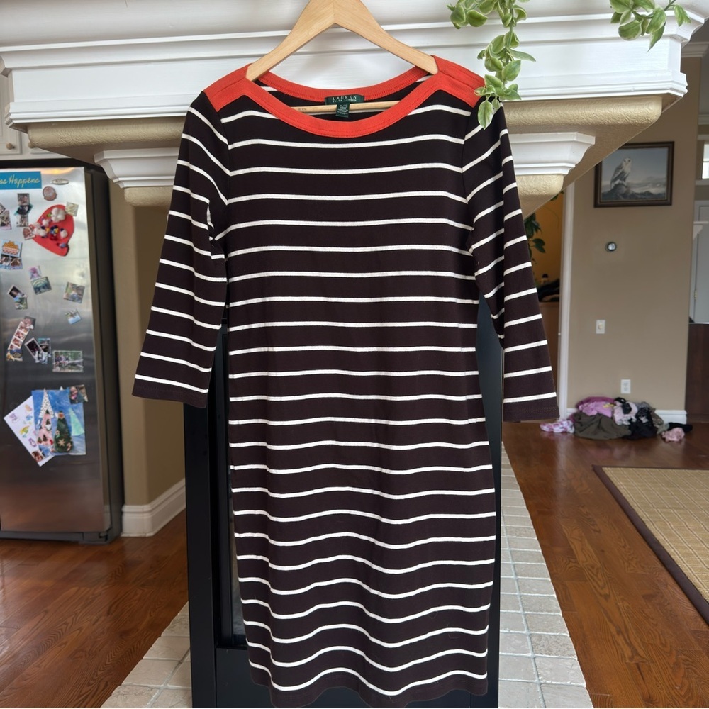 Lauren RL Brown Stripe Classic Cotton Nautical East Coast Dress Size XL